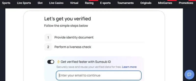 Captura de MyStake — Tela de verificação de identidade